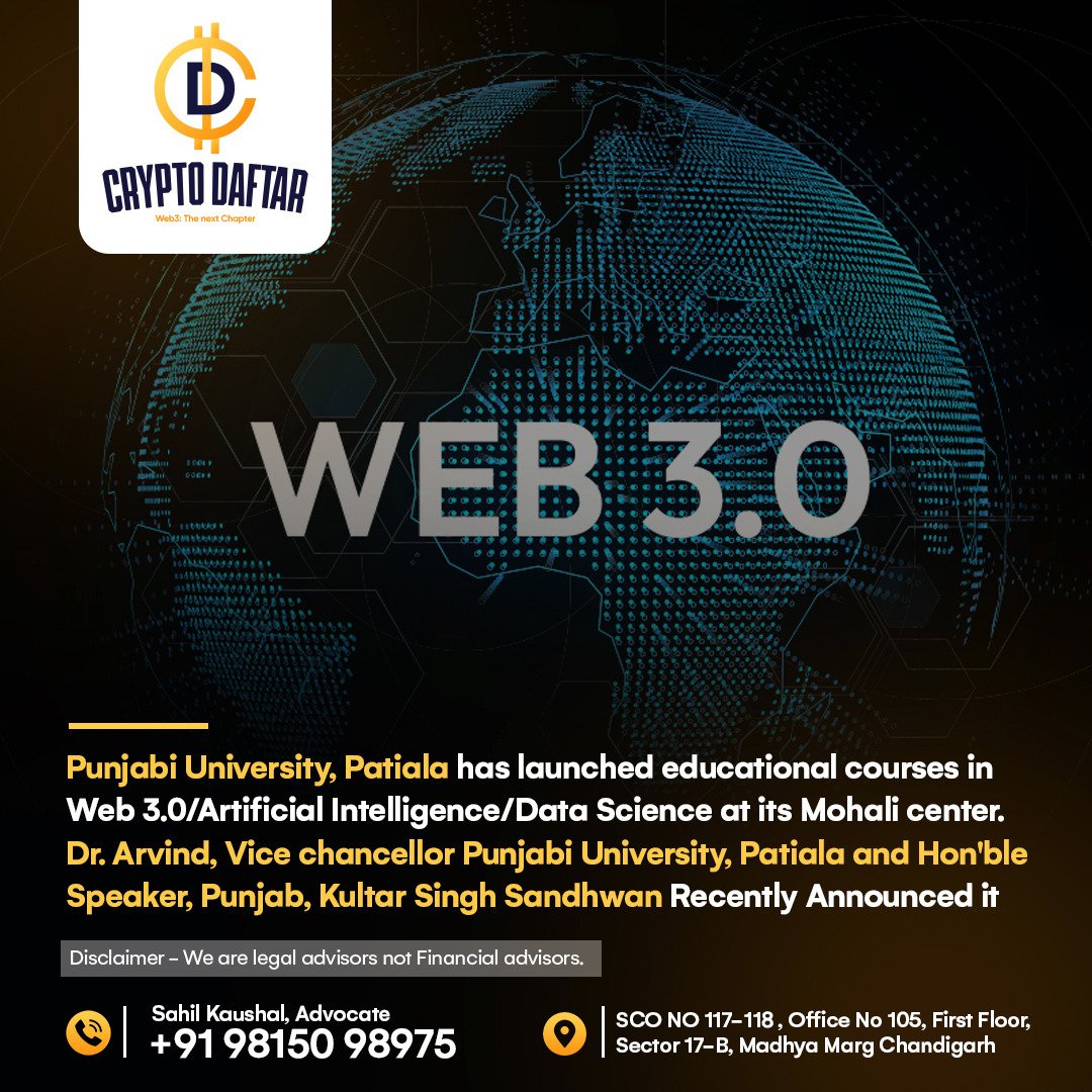 Cryptodaftar's tweet photo. Punjabi University, Patiala has launched educational courses in Web 3.0/Artificial Intelligence/Data Science at its Mohali center !! ⚡

#punjabiunivesity https://t.co/gIvj6tZDDh