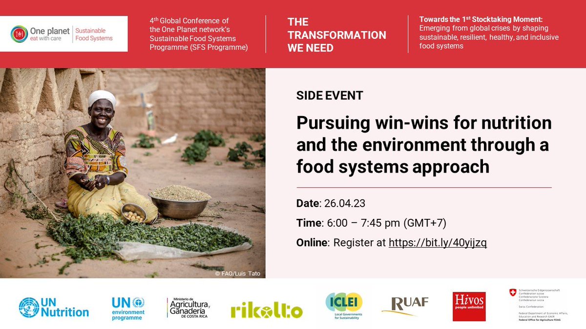 🚨On Wednesday 26 April join us for the launch 🚀 of the new <a href="/UN_Nutrition/">UN-Nutrition</a> discussion paper “Nutrition and the environment: Nurturing people, protecting the planet” 🥣🌎organized in the context of the 4thGlobal #SFSPConference.
Register at👉 bit.ly/40yijzq