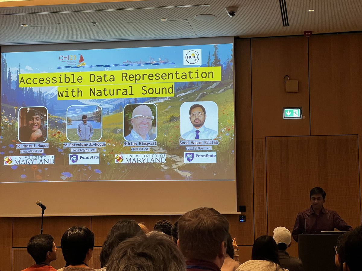 Niklas Elmqvist (@nelmqvist) on Twitter photo Same #chi2023 session, this time a paper I coauthored: <a href="/Naimul_H0que/">Naimul Hoque</a> presenting “Accessible Data Representation with Natural Sound” with Md. Eshtesham-Ul-Hoque, myself, and Syed Masum Billah. Here we explore the use of naturally occurring sounds for conveying abstract data. Same #chi2023 session, this time a paper I coauthored: <a href="/Naimul_H0que/">Naimul Hoque</a> presenting “Accessible Data Representation with Natural Sound” with Md. Eshtesham-Ul-Hoque, myself, and Syed Masum Billah. Here we explore the use of naturally occurring sounds for conveying abstract data.