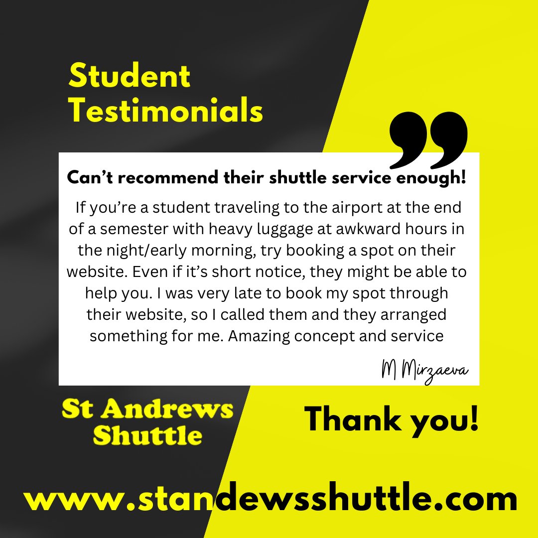 End of term is almost upon us!  We offer #reliable & #convenient door-to-door #shuttleservice to ensure you make it to the airport safely & on time.  To check times & secure your spot on one of our #airportshuttles head to our website standrewsshuttle.com/timetable
#tuesdaytestimonial