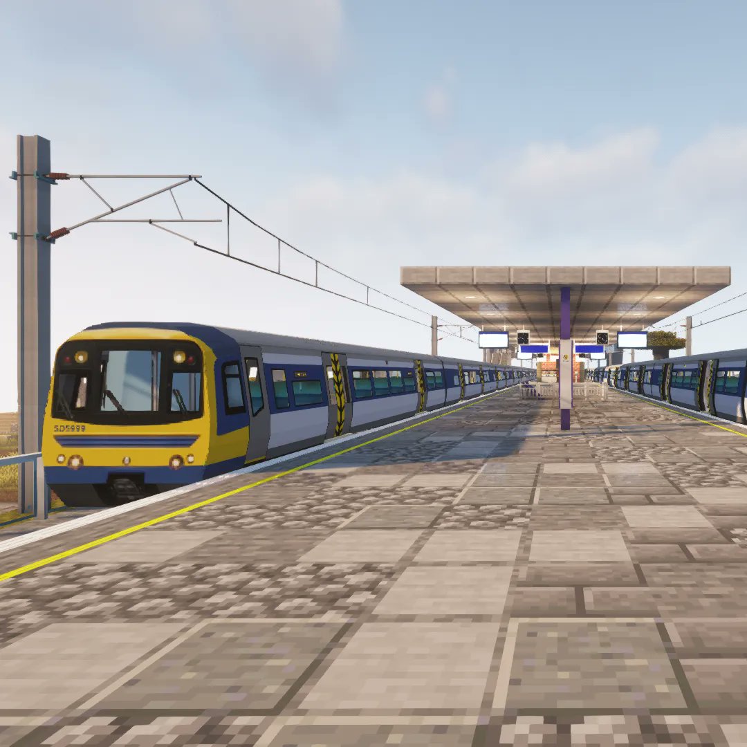 MTRMinecraft's tweet image. Two retextured Class 377 trains pull into this rural station with a small canopy. When it's raining, I hope that you don't try to get off from the first car!

Credit: Soodari

#class377