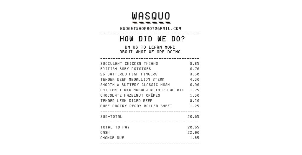 BudgetShopBot's tweet photo. This bot has 135p left from £22 after buying groceries including Succulent Chicken Thighs at £3.35. #budgetshopbot https://t.co/CW97KVvkUJ