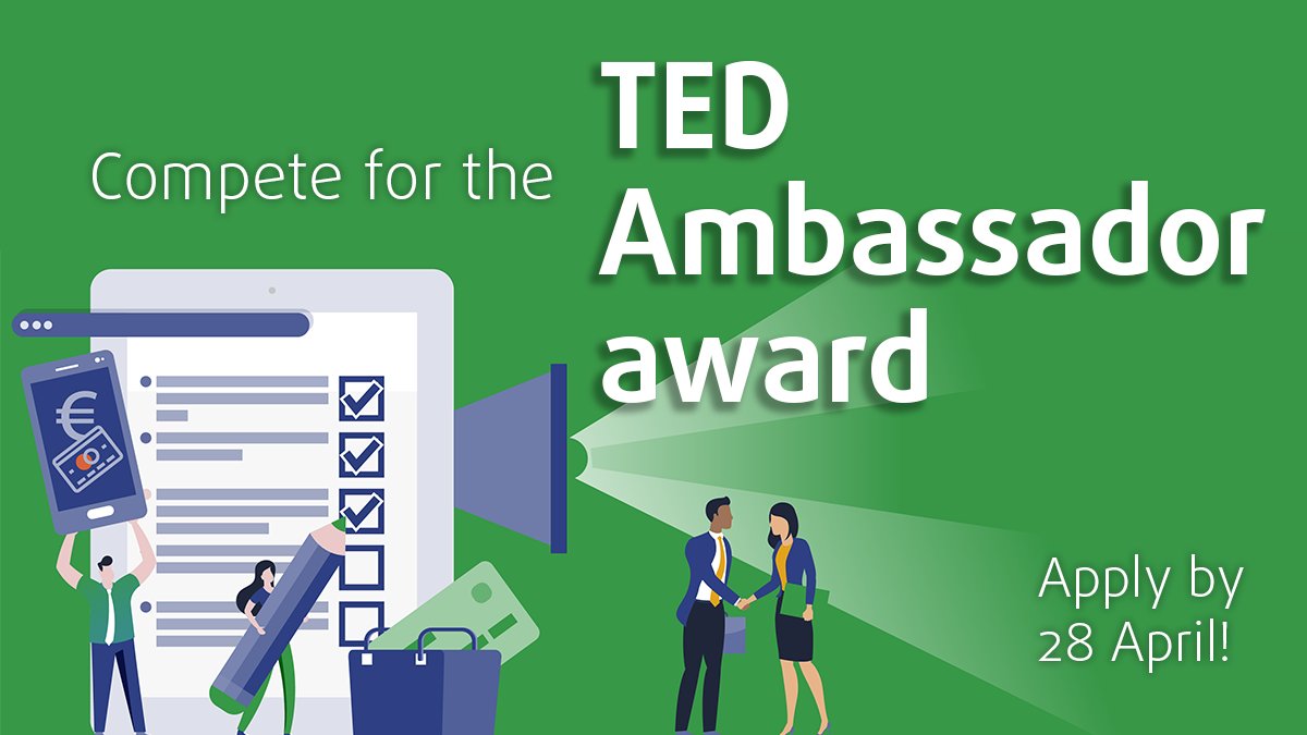 3 days left for your submissions for the '#TEDAmbassadorAward'! Get great visibility for the research you did on #PublicProcurement in transparency, green procurement, #AI or innovation now!

More info:👉🏽europa.eu/!q33NqQ

@EUTenders