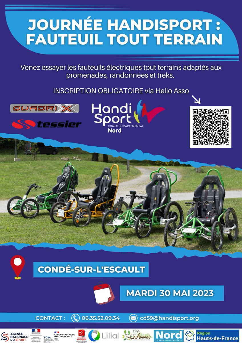 cdhandisport59's tweet photo. EVENEMENT HANDISPORT : JOURNEE FAUTEUIL TOUT TERRAIN 📷
Ce mardi 30 mai, nous vous proposons d'essayer des fauteuils électriques tout terrain à Condé-sur-l'Escaut.
Venez expérimenter gratuitement du matériel exceptionnel de #QUADRIX et #tessier. https://t.co/kPP9DmpnU4