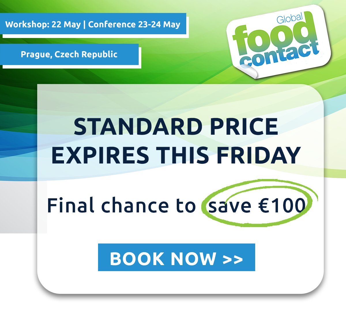 Standard ticket price for Global Food Contact 2023 expires THIS FRIDAY at midnight BST. Last chance to save money off your ticket, so book now and save €100 off your ticket >> bit.ly/3L9lmHE

#FCM #foodcontactmaterials #foodcontact