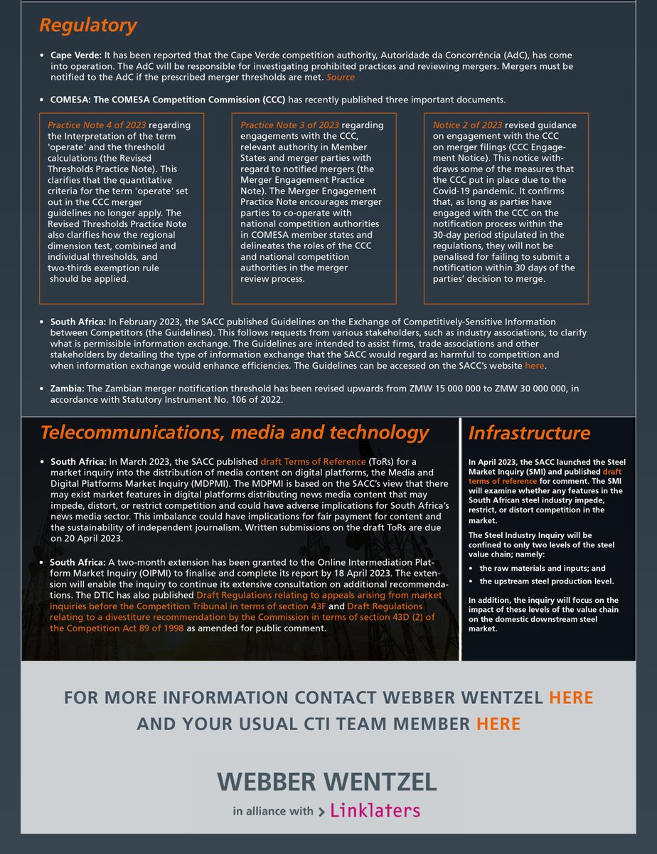 webberwentzel's tweet photo. The Webber Wentzel Competition, Trade and Investment first-quarter update is now available!

@burtphill, Elisha Bhugwandeen (@elish_10) and @YaelEShafrir share key CTI developments in Agribusiness, Food & Beverage, African Continental Free Trade, Regulatory, Telecommunications, Media and Technology and Infrastructure. 

Read more: https://t.co/cAqtCmqapp  

Some developments included in this publication were sourced using @BetweenityA. 

#Competition #Trade #Investment #AcFTA