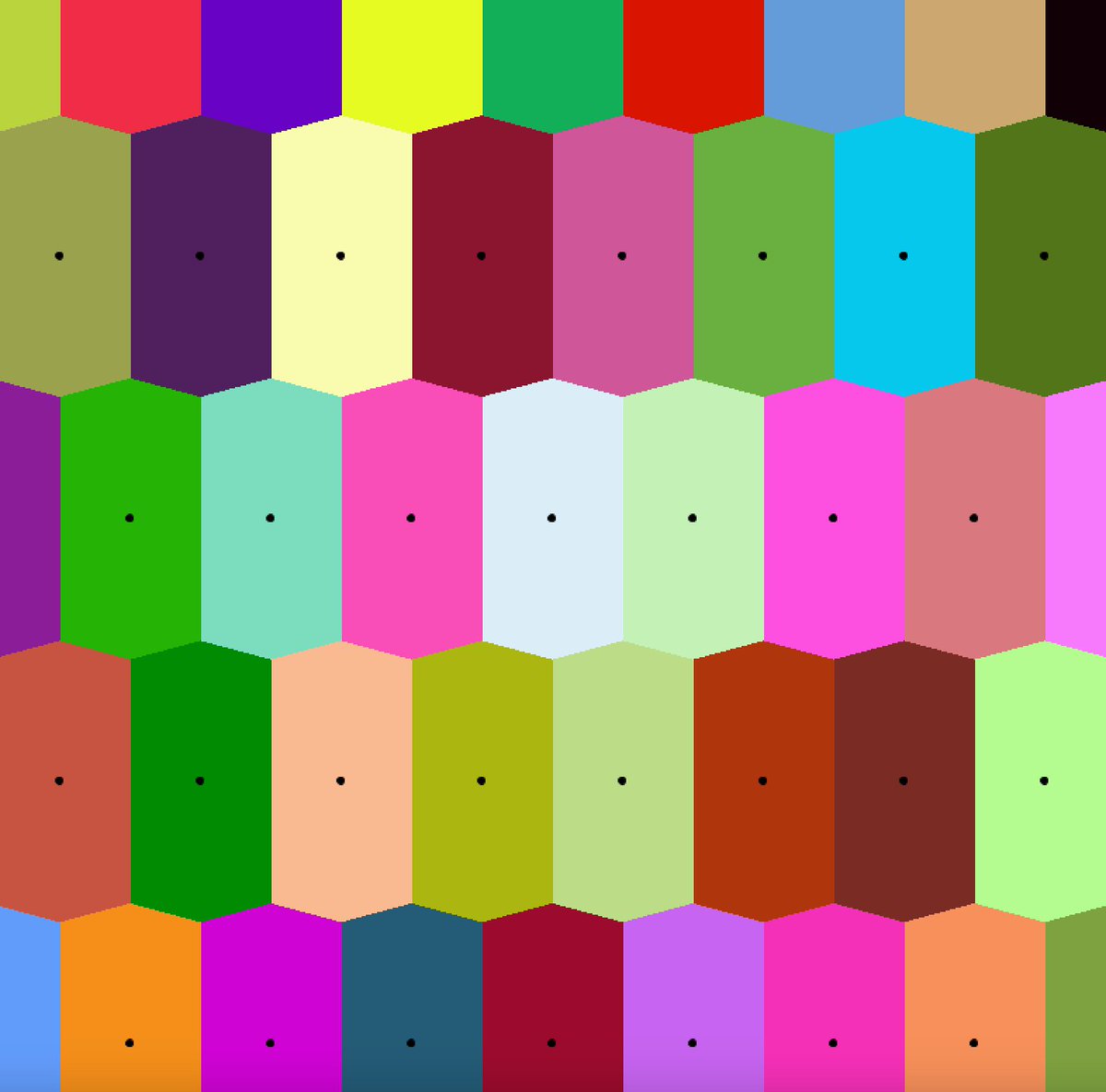 ILisp8's tweet image. Day15_ボロノイ点を正三角形に並べて平面分割すると六角形が形成されるが、格子点を縦軸方向などに引き伸ばすなど縦横比率を変えると四角形っぽくなる(本当は、四角形そのものになるべきなのか?)
#Processing #p5勉強会 #natureOfCode