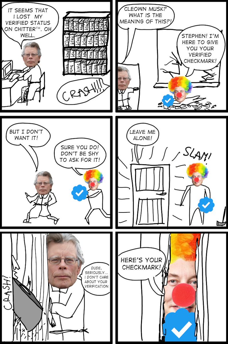 kwb_fm's tweet photo. Cleown Musk episode 65 "Verifining"

This is how I imagine @StephenKing got his new checkmark

Fro more episodes check out https://t.co/9w4h1TyIPs https://t.co/r55m1HtTft