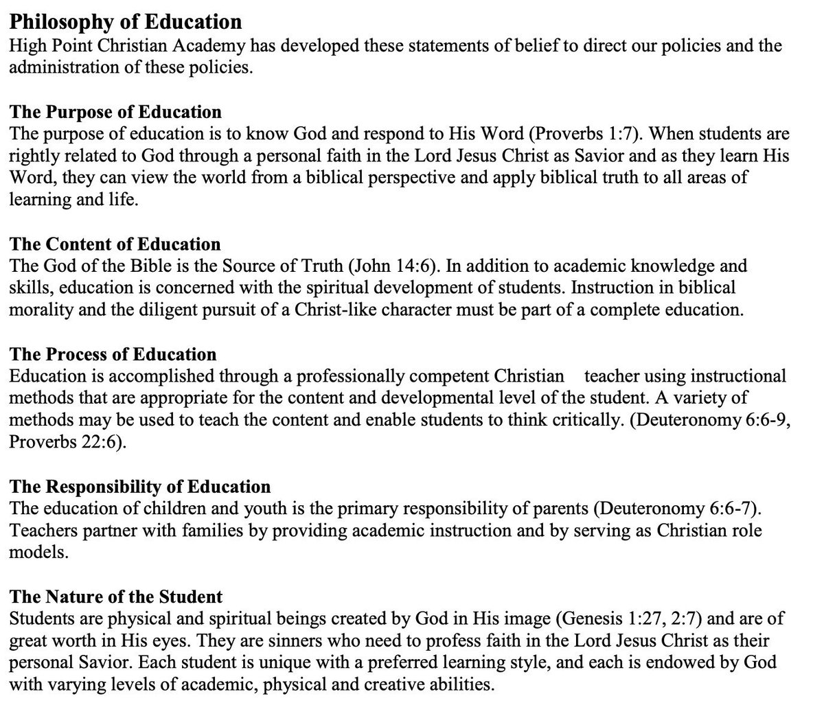 JustinParmenter's tweet photo. High Point Christian Academy in NC got nearly a million $ in voucher funding this year.  

HPCA believes the purpose of education is "to know God," and students who "are not in harmony with the spirit of the institution" face expulsion.

They should not get public $. #nced #ncga https://t.co/S91RwH3c9W