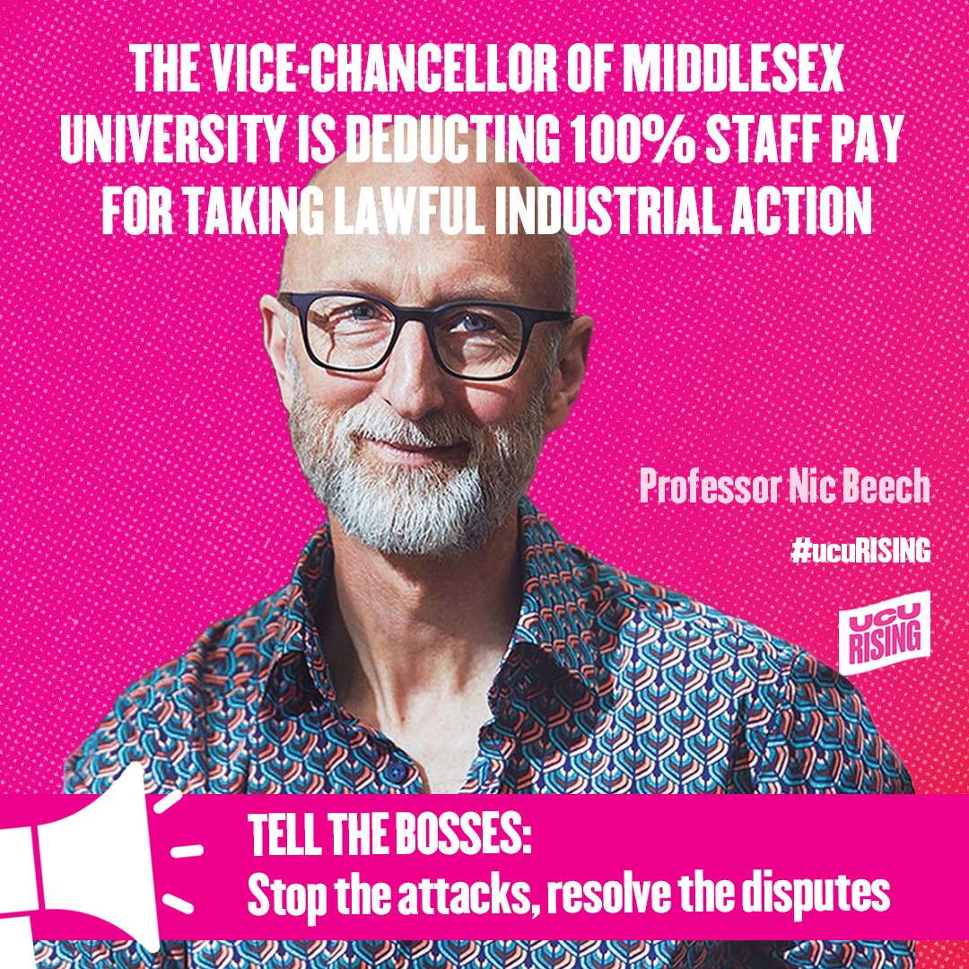 🚨NAMED AND SHAMED - MIDDLESEX UNIVERSITY

We'd like to introduce you to <a href="/NicBeech1/">Nic Beech</a>, vice chancellor of <a href="/MiddlesexUni/">Middlesex University</a>, who is overseeing threats to deduct 100% of staff wages

This disgraceful behaviour should be widely condemned

#ucuRISING