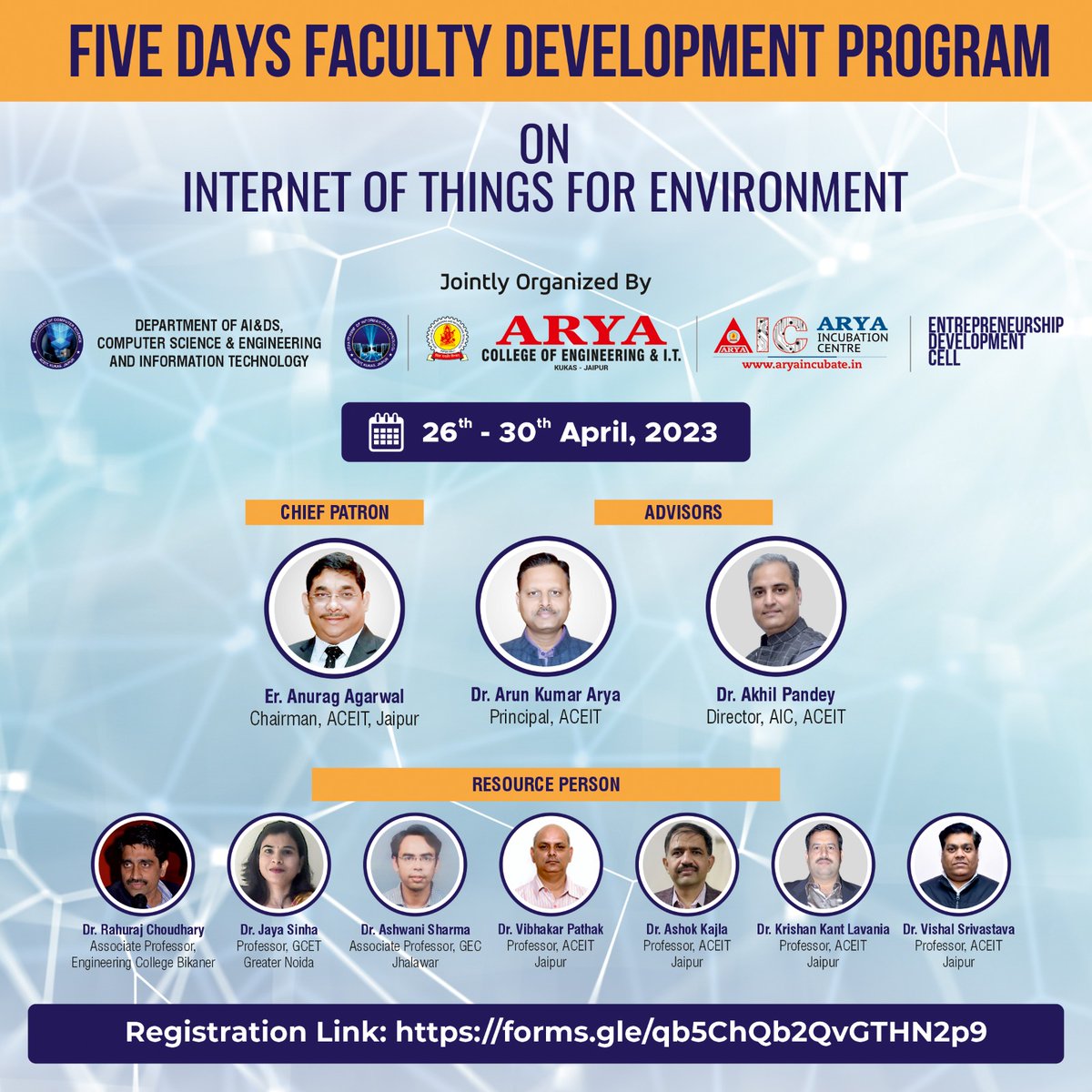 aryacolleges's tweet image. Department of Computer Science &amp;amp; Engineering, #AryaCollege of Engineering &amp;amp; IT, Jaipur Organizing Five Days Faculty Development Program on Internet of Things for Environment from 26th-30th April, 2023. 

#FacultyDevelopmentProgram #FDP #InternetofThings #IoT #Environment