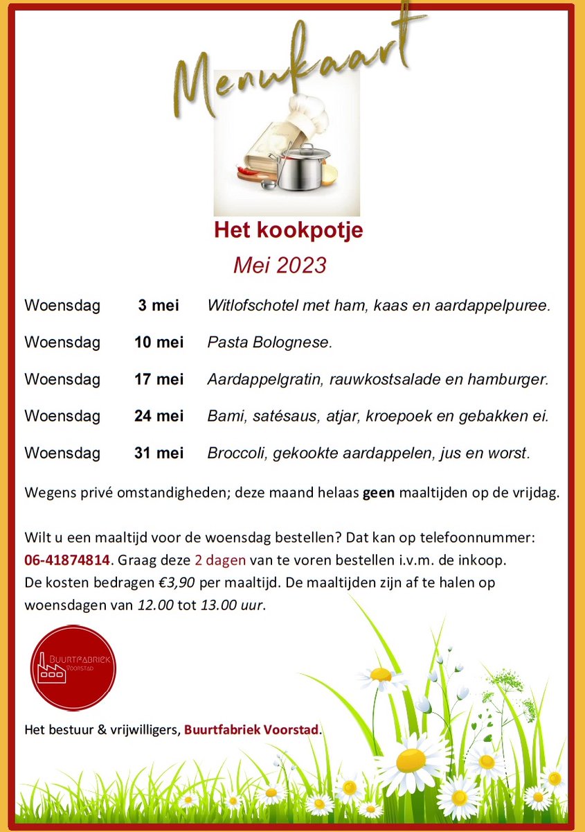Onze menukaart voor mei. 
Bestel gemakkelijk en snel via: 06-41874814. 
Alvast... een smakelijke maand toegewenst.
