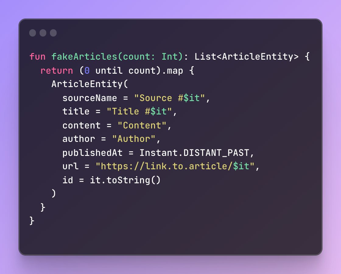 Kotlin tip:

Use range operators + map to generate fake data in tests:
