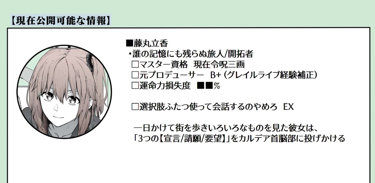 現在の情報+藤丸の情報(仮置き) 