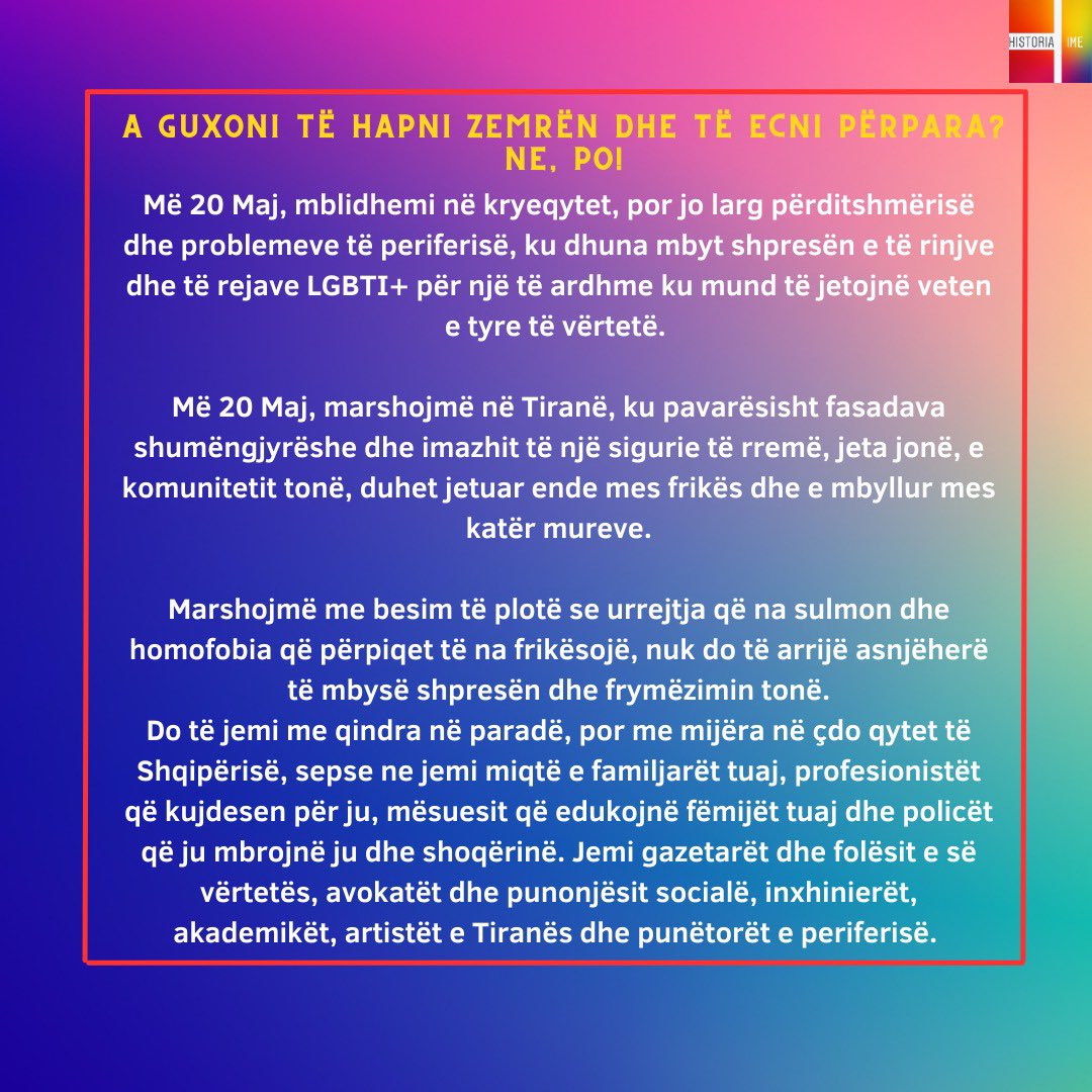 Historiaime's tweet photo. 🇦🇱 A guxoni të hapni zemrën dhe të ecni përpara?

Ne, po!

🇬🇧 Are you willing to open your heart and take the next step?

We do!
#TiranaPride #Pride2023 https://t.co/P84pJbxWBz