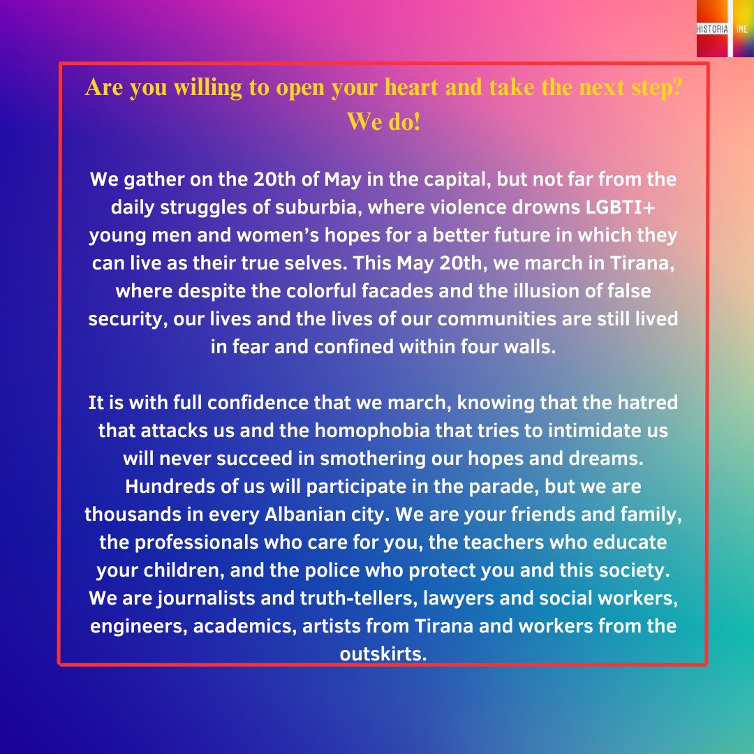 Historiaime's tweet photo. 🇦🇱 A guxoni të hapni zemrën dhe të ecni përpara?

Ne, po!

🇬🇧 Are you willing to open your heart and take the next step?

We do!
#TiranaPride #Pride2023 https://t.co/P84pJbxWBz