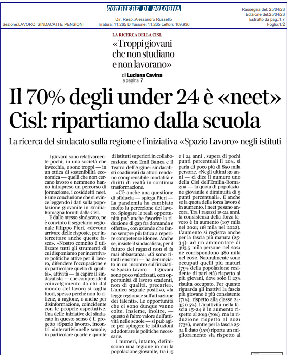 Cisl_ER's tweet photo. L'iniziativa #spaziolavoro e l'analisi Cisl ER sul #corrieredibologna: troppi #giovani che non studiano e non lavorano, ripartiamo dalla #scuola. @filippopieri:🗣️sono poco valorizzati, con opportunità di #lavoro scadenti e precarie. Bene la legge regionale su attrazione talenti https://t.co/GurA4ou7ST