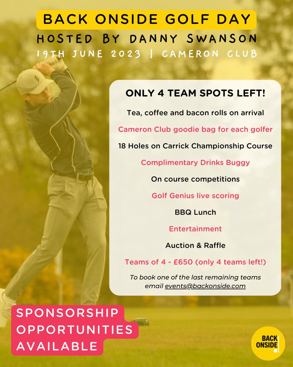 Back Onside (@backonside) on Twitter photo ⛳️ 𝟰 𝘁𝗲𝗮𝗺𝘀 𝗿𝗲𝗺𝗮𝗶𝗻𝗶𝗻𝗴! ⛳️
This is your final call to join us at our our upcoming Golf Day hosted by our Ambassador Danny Swanson on 19th June at <a href="/CameronHouseLL/">Cameron House</a>, Loch Lomond. We only have 4 team spots left for what is going to be a fantastic day of golfing & ⛳️ 𝟰 𝘁𝗲𝗮𝗺𝘀 𝗿𝗲𝗺𝗮𝗶𝗻𝗶𝗻𝗴! ⛳️
This is your final call to join us at our our upcoming Golf Day hosted by our Ambassador Danny Swanson on 19th June at <a href="/CameronHouseLL/">Cameron House</a>, Loch Lomond. We only have 4 team spots left for what is going to be a fantastic day of golfing &