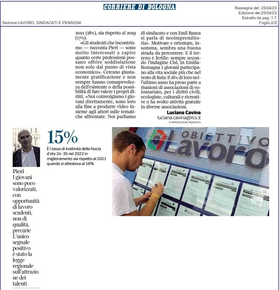 Cisl_ER's tweet photo. L'iniziativa #spaziolavoro e l'analisi Cisl ER sul #corrieredibologna: troppi #giovani che non studiano e non lavorano, ripartiamo dalla #scuola. @filippopieri:🗣️sono poco valorizzati, con opportunità di #lavoro scadenti e precarie. Bene la legge regionale su attrazione talenti https://t.co/GurA4ou7ST