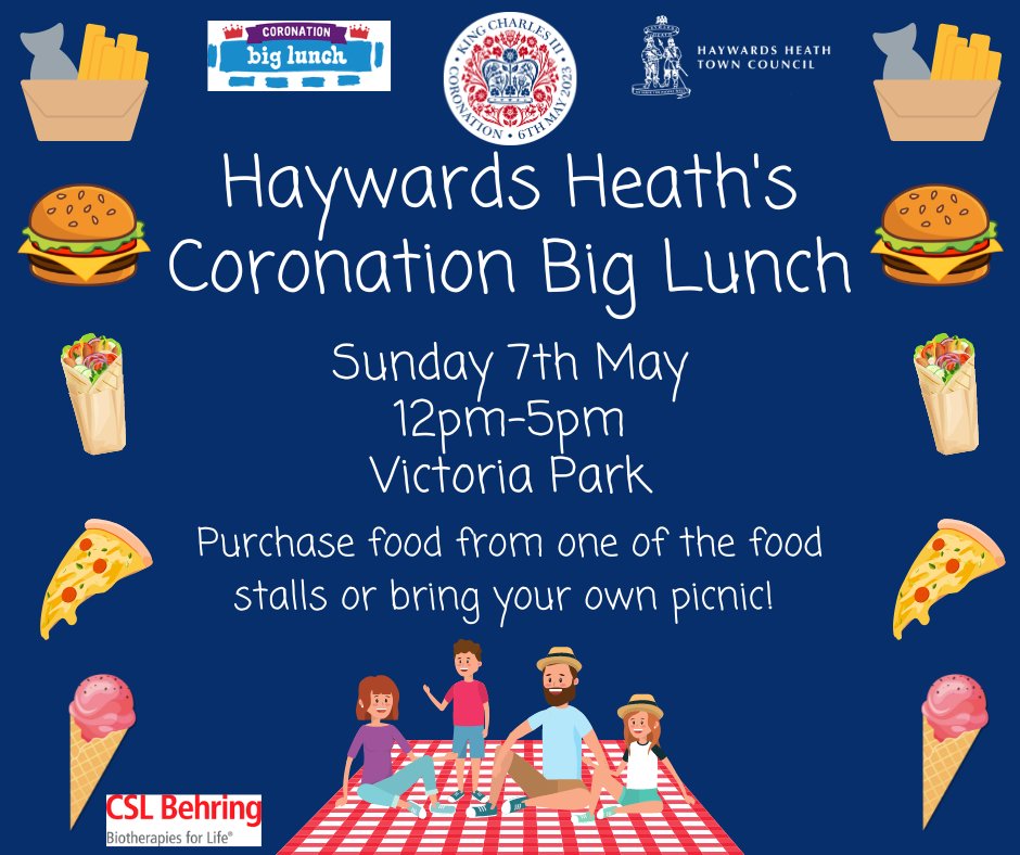 👑Enjoy an afternoon of fun at Hayward Heath's Coronation Big Lunch with lots of free entertainment!

👑The Royal Procession which will gather at the Town Hall at 11.30, to reach Victoria Park by 12pm.
