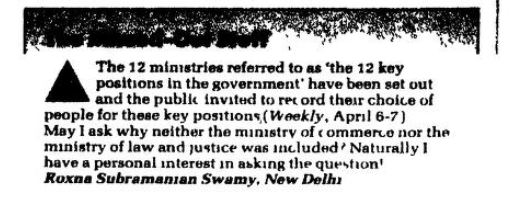 janataparty1977's tweet photo. 27 April 1991 : Dr. Roxna Swamy's note about Law Ministry and Commerce ministry not being included in 12 key positions in The Illustrated Weekly of India magazine.

@Swamy39 https://t.co/GqTi9vS0gQ