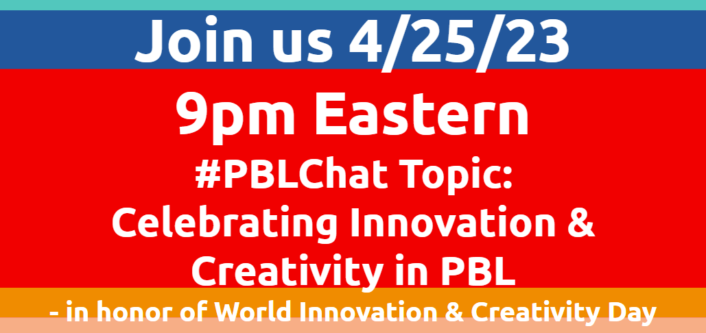 @ChrisGibsonEdu (@chrisgibsonedu) on Twitter photo How is #PBL innovative and creative for students?
Join #PBLChat this evening at 9:00 pm Eastern to share your voice!
@thnorfar <a href="/MyTLee3/">Myla Lee ☀️</a> <a href="/nti_mrjones/">Ryan Jones</a> <a href="/jodimoore/">Jodi Moore</a> @AshleyGableCMS <a href="/MsDiMaria/">Sarah DiMaria</a> @debrahermanz <a href="/davidleeedtech/">David Lee EdTech</a> @seanrussell311 <a href="/magnifylearning/">Magnify Learning</a> How is #PBL innovative and creative for students?
Join #PBLChat this evening at 9:00 pm Eastern to share your voice!
@thnorfar <a href="/MyTLee3/">Myla Lee ☀️</a> <a href="/nti_mrjones/">Ryan Jones</a> <a href="/jodimoore/">Jodi Moore</a> @AshleyGableCMS <a href="/MsDiMaria/">Sarah DiMaria</a> @debrahermanz <a href="/davidleeedtech/">David Lee EdTech</a> @seanrussell311 <a href="/magnifylearning/">Magnify Learning</a>