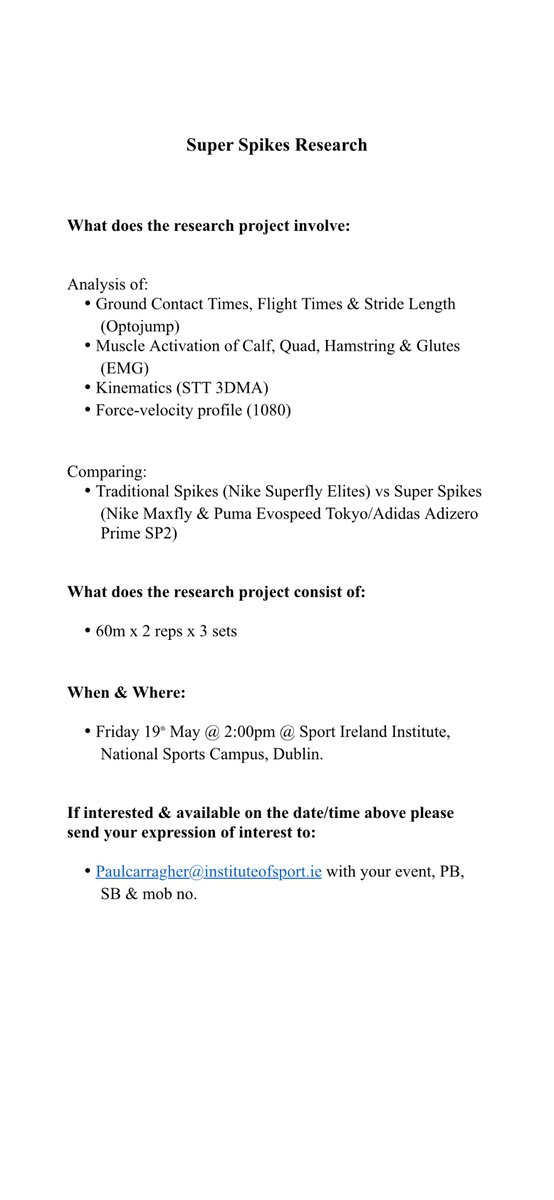 carragher_paul's tweet image. Unfortunately a participant in our upcoming research project looking at Sprint Performance &amp;amp; Super Spikes has had to withdraw from the study. 

If you are an Irish Sprinter and would like a free set of Spikes &amp;amp; some novel insight into how you run in different Spikes read ⬇️