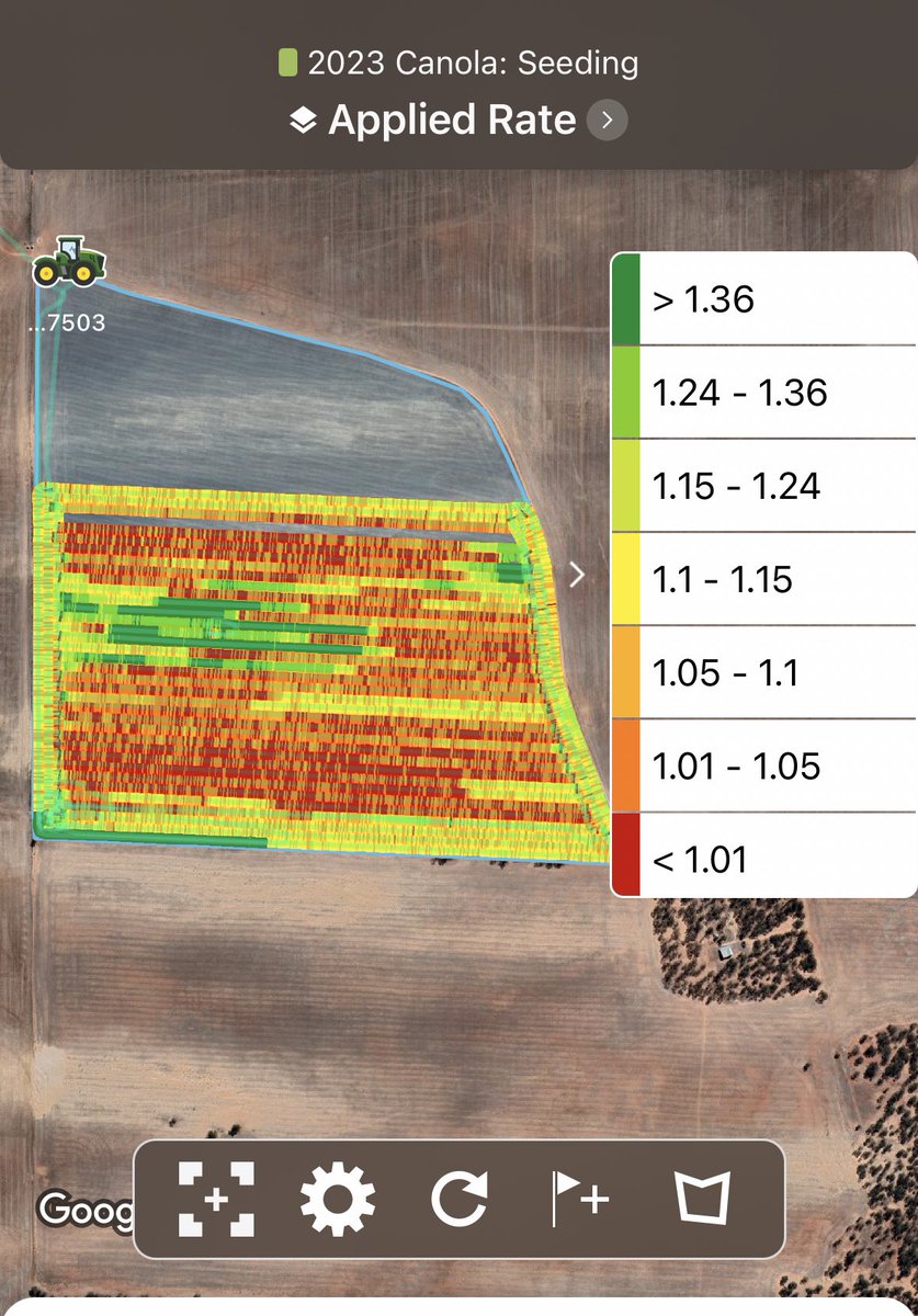 First time RR Canola planting. Trying to keep a flat rate of 1.3kg/ha of seed. This map is showing some variability with the machine. Wondering wether it’s to do with oil flow to the meters or slight changes in ground speed. Thoughts?