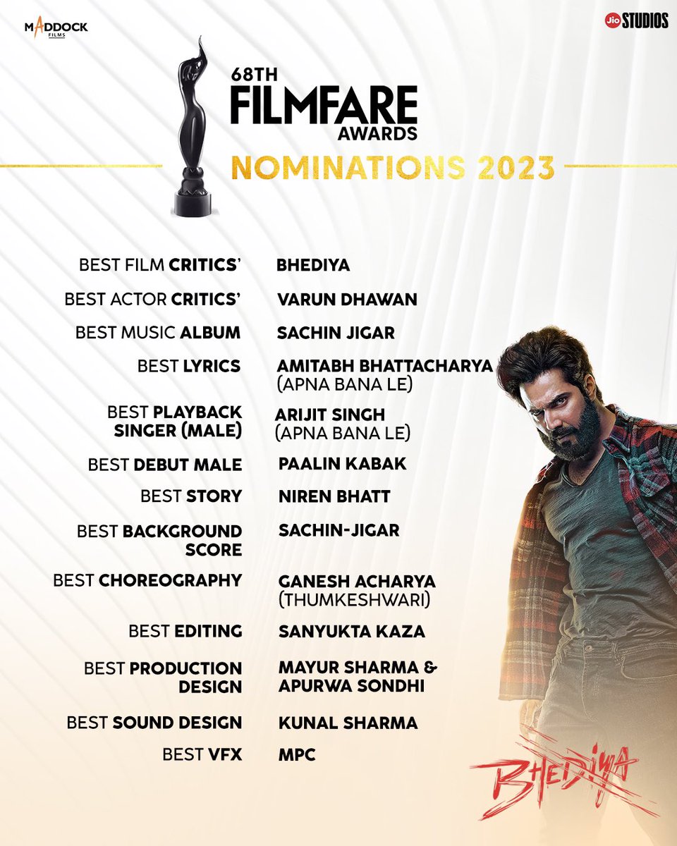 Bhediya is all set to howl at the @filmfare Awards. Honored to receive 13 nominations across categories! 🐺📷 #FilmfareAwards2023