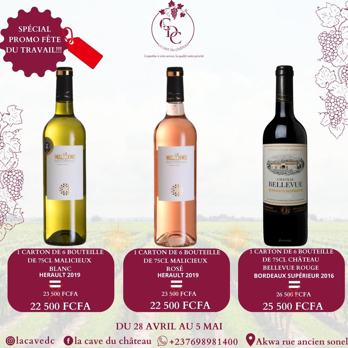 LaCaveDC's tweet photo. À l'occasion du 1er Mai, la cave du château vous offre une réduction spéciale fête du travail.      
22 500 FRCFA le carton de malicieux blanc et rosé sec, et 25 500 FRCFA le carton de Bordeaux supérieur château Bellevue. 
Offre valable du 28 Avril au 05 Mai.🥂❤️ https://t.co/goNrmwtbh6