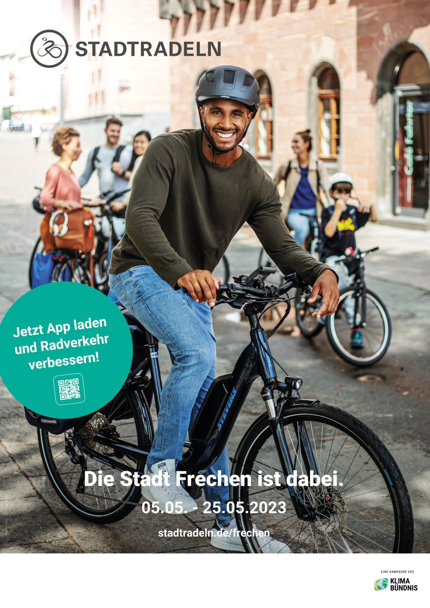 Stadt Frechen nimmt erneut an der Aktion „STADTRADELN“ teil: Aktionszeitraum vom 5. bis zum 25. Mai 2023. Weitere Informationen gibt es unter Aktion „STADTRADELN“ | Stadt Frechen (stadt-frechen.de)