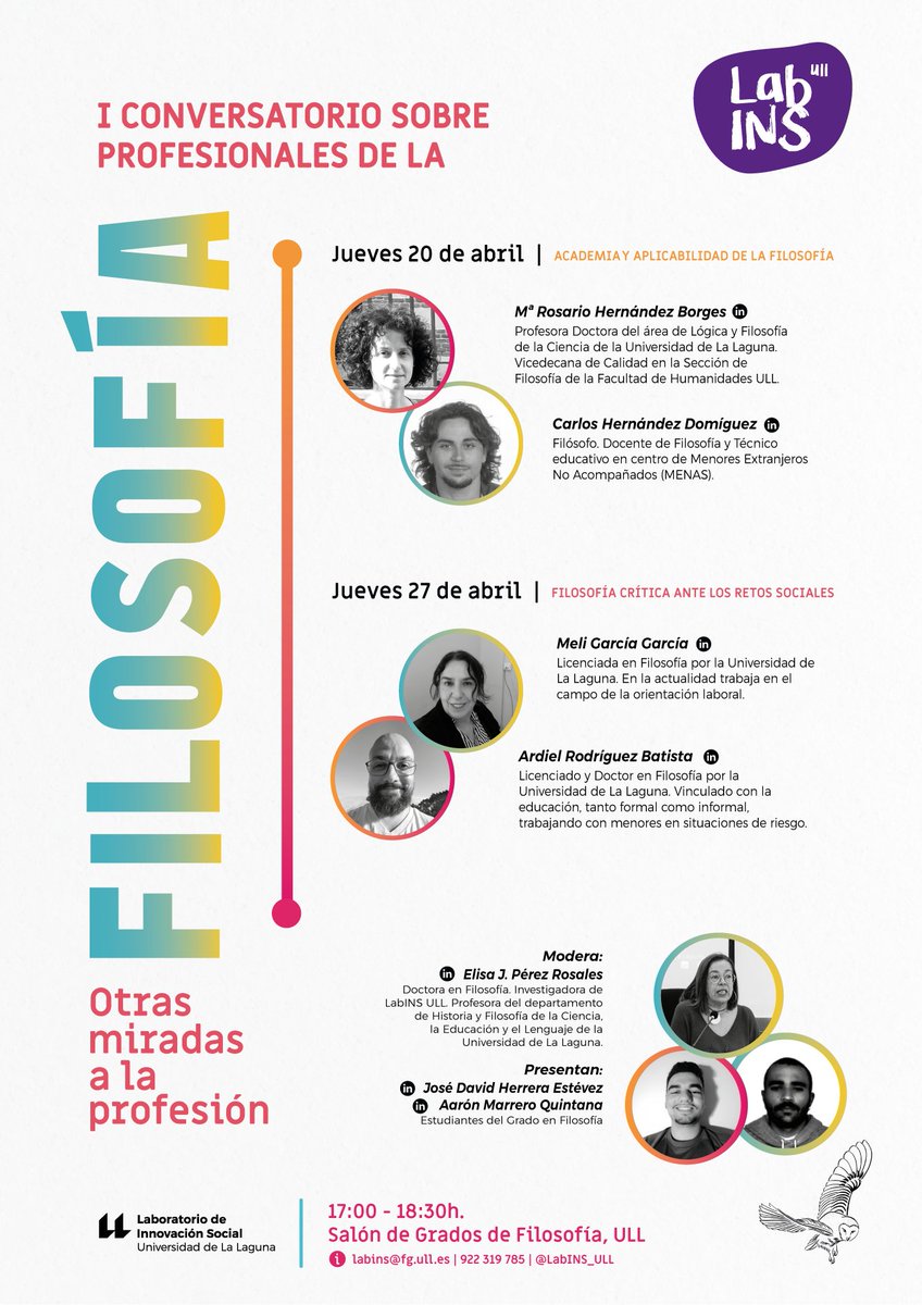 ⚠️La segunda sesión del I Conversatorio sobre profesionales de la #Filosofía tratará de ofrecer otras miradas a la profesión desde un enfoque crítico hacia los retos sociales.

🚀Meli García y Ardiel Rodríguez se encargarán de ofrecer su perspectiva y visión de la profesión