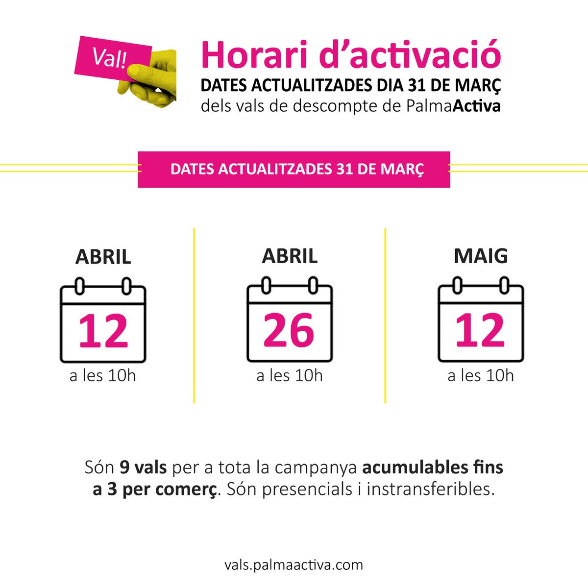 📢Demà s'activa el segon repartiment de vals de descompte de <a href="/PalmaActiva/">PalmaActiva</a>!

💶Consumeix 16 € i paga 6 €

💸Pots gastar fins a 3 vals en un mateix establiment!

‼Compra amb DNI o NIE propi (+16 anys)

👀 Consulta els establiments a valspalmaactiva.moneder.cat