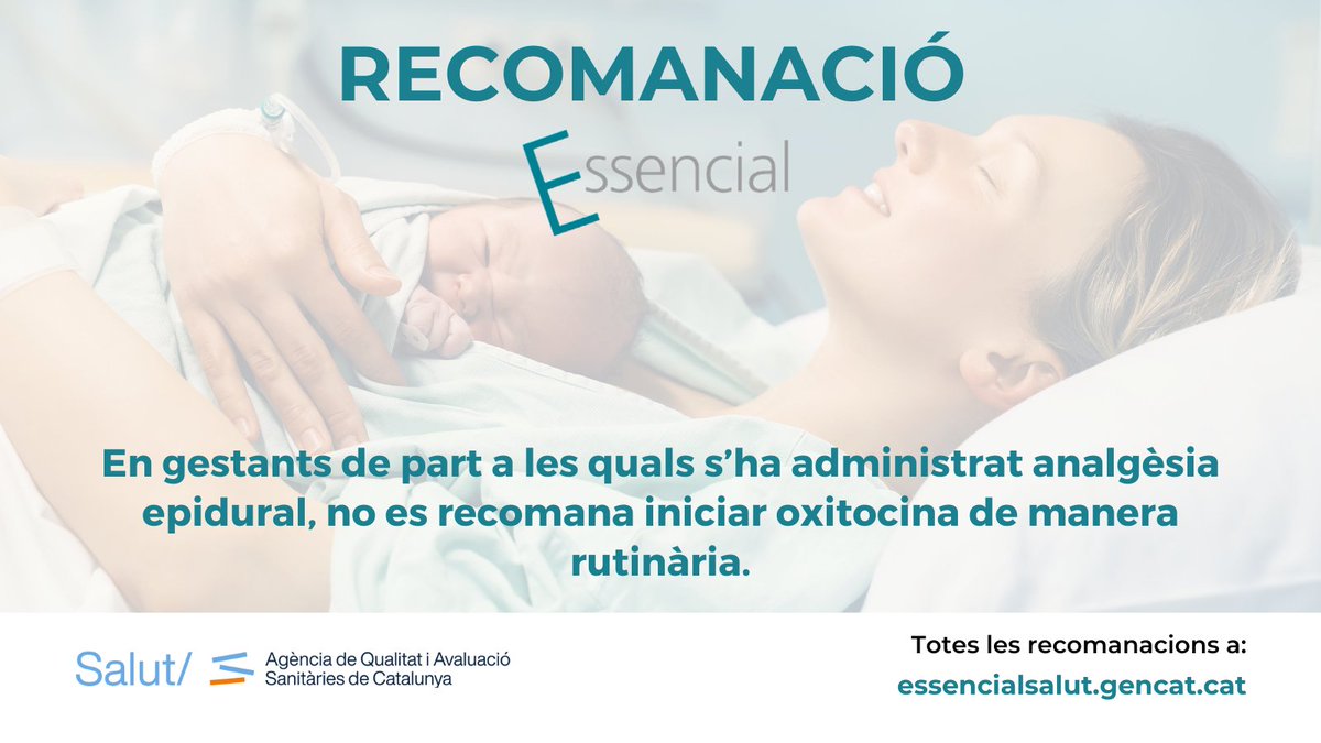 Un ús inapropiat de l’#oxitocina pot causar danys, tant en la mare com en el nadó, i donar lloc a una cascada d’intervencions durant el #part i el naixement.

🔎 Consulta l'última #recomanacióEssencial sobre #obstetrícia:

essencialsalut.gencat.cat/ca/detalls/Art…

#EssencialSalut