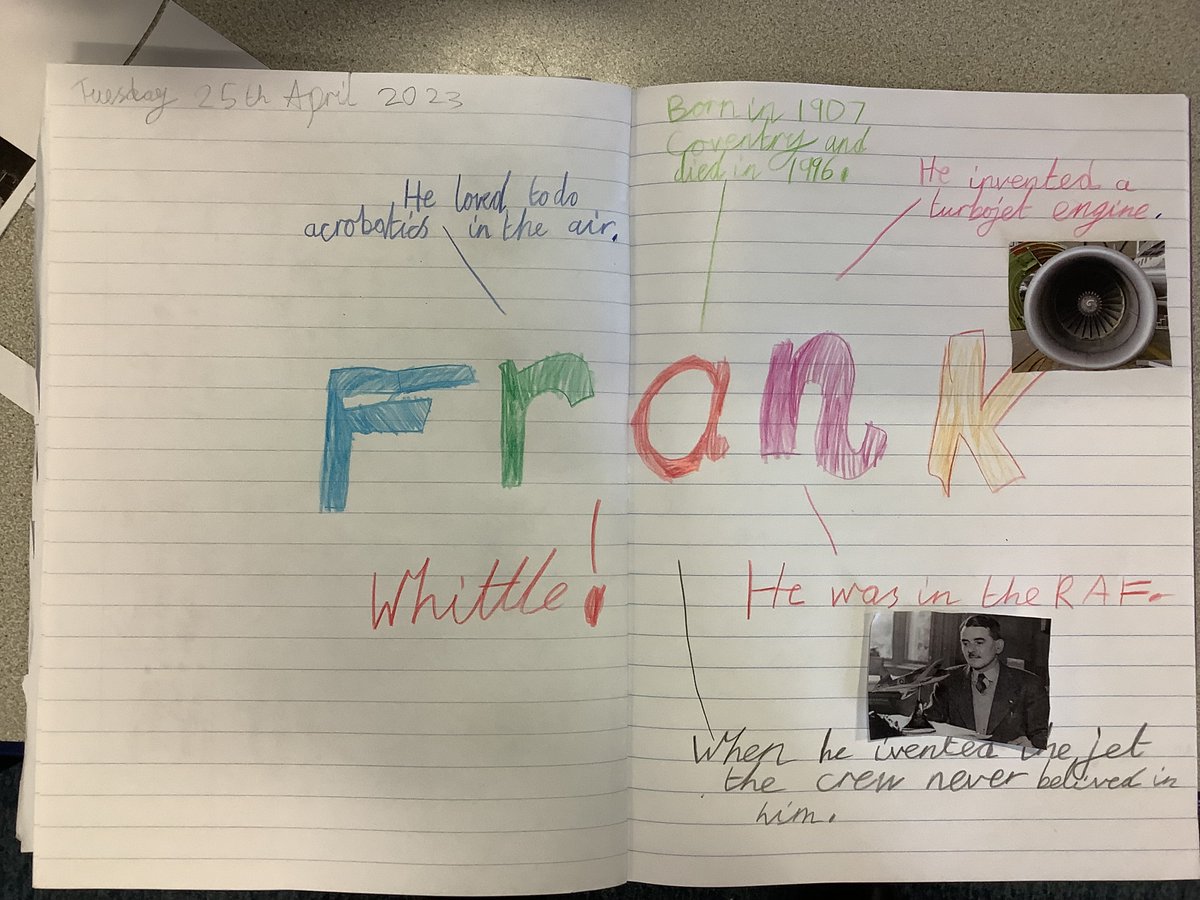 gfprimarycov's tweet photo. 2L have been learning about significant people throughout history in their new topic called 'Movers and Shakers'. Today they are learning about Frank Whittle from Coventry. They are beginning to make a two page spread to teach people about why he is significant. #GFY2 #GFhistory https://t.co/5Ne0rF5J2U