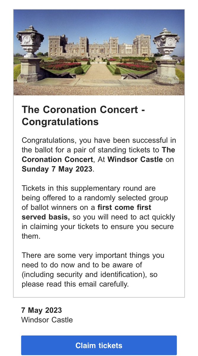Mortified that even though I’ve had the “Congratulations” email to watch the coronation concert all the tickets are already sold out?! 

<a href="/RoyalFamily/">The Royal Family</a> <a href="/TicketmasterCS/">Ticketmaster CS</a> 
#coronationconcert