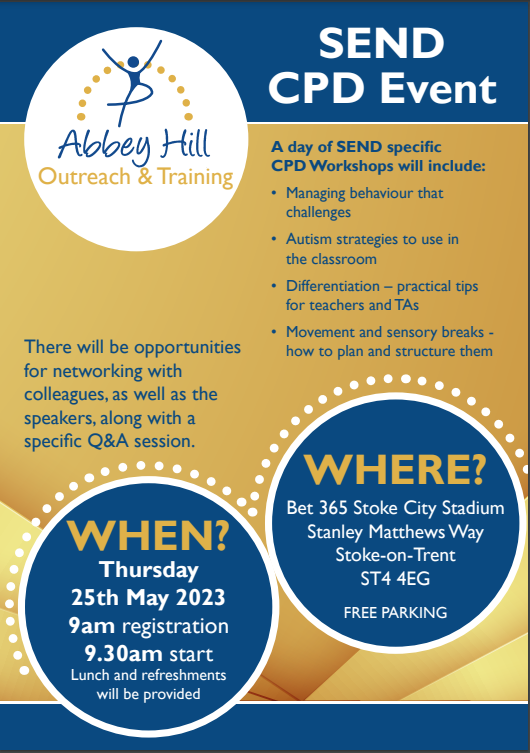 HillOutreach's tweet photo. Whole Day SEND CPD Event - Last Few Places Available!
Where: Bet 365 Stoke City Stadium
When: Thursday 25th May.
Price: £120 per delegate*Where: Bet 365 Stoke City Stadium
When: Thursday 25th May.
Email to book: outreachandtraining@abbeyhillschool.co.uk https://t.co/JFZ2kIWjGb