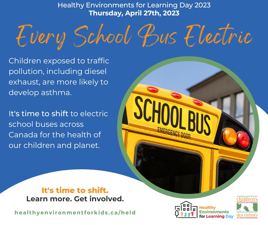 This April 27th is HELD 2023, promoting the shift from diesel-powered to electric school buses nationwide. 

Learn more. Get involved. 
healthyenvironmentforkids.ca/held/2023-camp…

<a href="/PollutionProbe/">Pollution Probe</a> <a href="/CPCHE_info/">CPCHE</a> <a href="/GreenTeacherMag/">Green Teacher</a> <a href="/OPHA_Ontario/">Ontario Public Health Association</a> <a href="/equiterre/">Équiterre</a> <a href="/grncommunities/">Green Communities Canada</a> <a href="/CAPE_ACME/">@CAPE-ACME</a> <a href="/CANE_ACIIE/">CANE ACIIE</a>