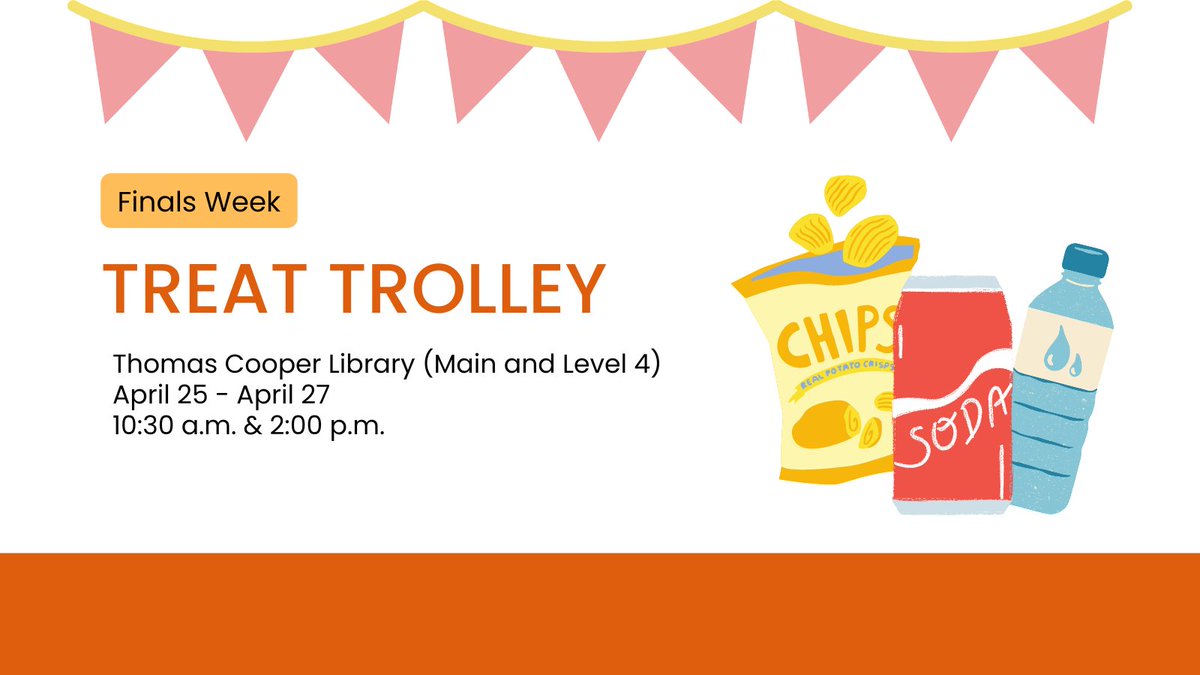 UofSC_TCoop's tweet image. Studying for #FinalsWeek can be tough, but our Treat Trolley is here to make it a little sweeter 🍬 We’ll be rolling by on Main and Level 4 with snacks and drinks to help you power through those long study sessions!