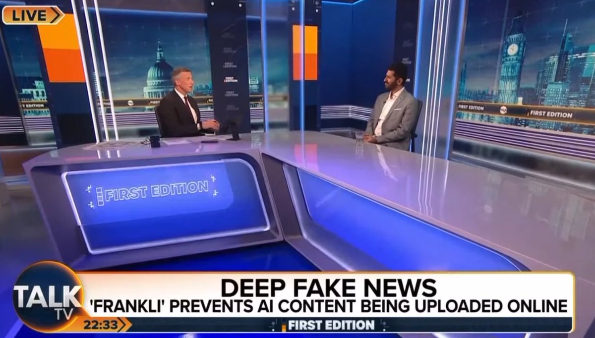 hu_manny_ty's tweet photo. "Worry not, one man is fighting back against AI" 👀 😅
Absolute blast talking to @tnewtondunn at @TalkTV  about the journey of @frankliapp and how we're fighting back against AI-amplified disinformation. https://t.co/P87QSO1TEK