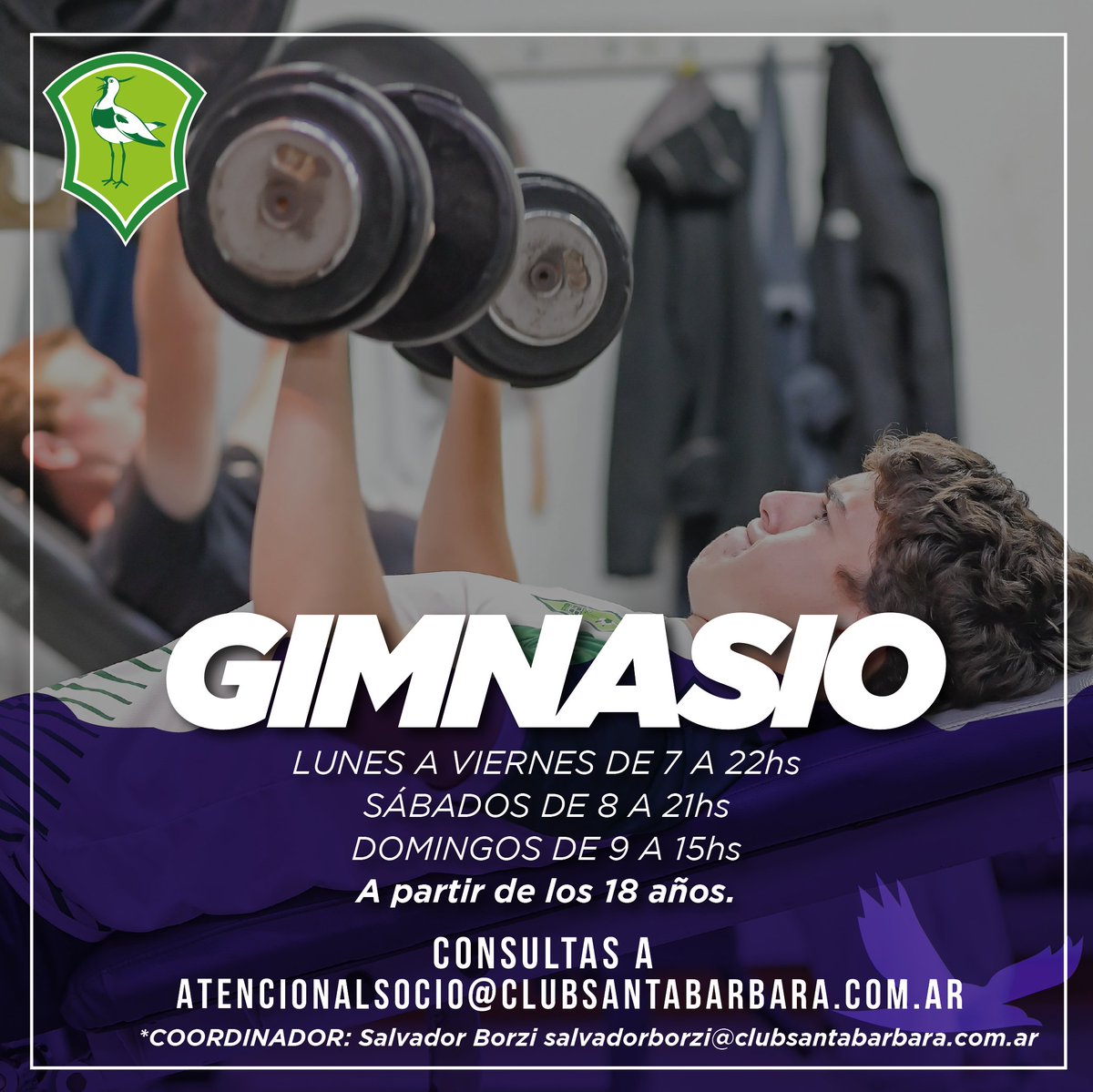 ClubStaBarbara's tweet photo. 🏋️‍♂️ Gimnasio en el Club

Lunes a Viernes de 7 a 22hs
Sábados de 8 a 21hs
Domingos de 9 a 15hs

GRATUITO – EXCLUSIVO SOCIOS/AS

Mayores de 18 años.
Mayores de 15 años con autorización de los padres.
Menores de 15 años no pueden ingresar, salvo prescripción médica. https://t.co/crP2seI6MH