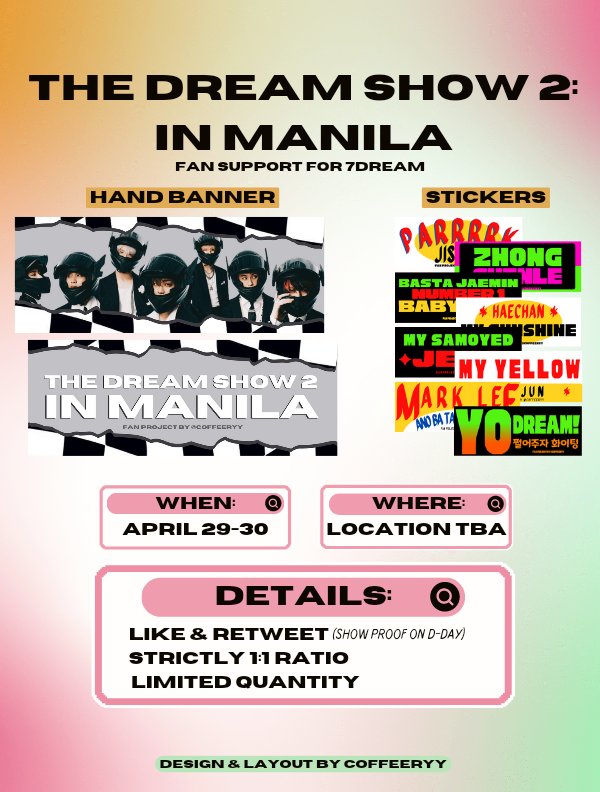 ꒰ THE DREAM SHOW 2 in MANILA mini fan support by coffeeryy ꒱

to claim:
 ⚝ like, rt ; show proofs on d-day 
 ⚝ time &amp; location TBA !
 ⚝ vv limited quantity ; strictly 1:1
 ⚝ April 29-30
 
    ⬇ More info below the thread ⬇

#THEDREAMSHOW2_IN_MANILA 
#TDS2inManila