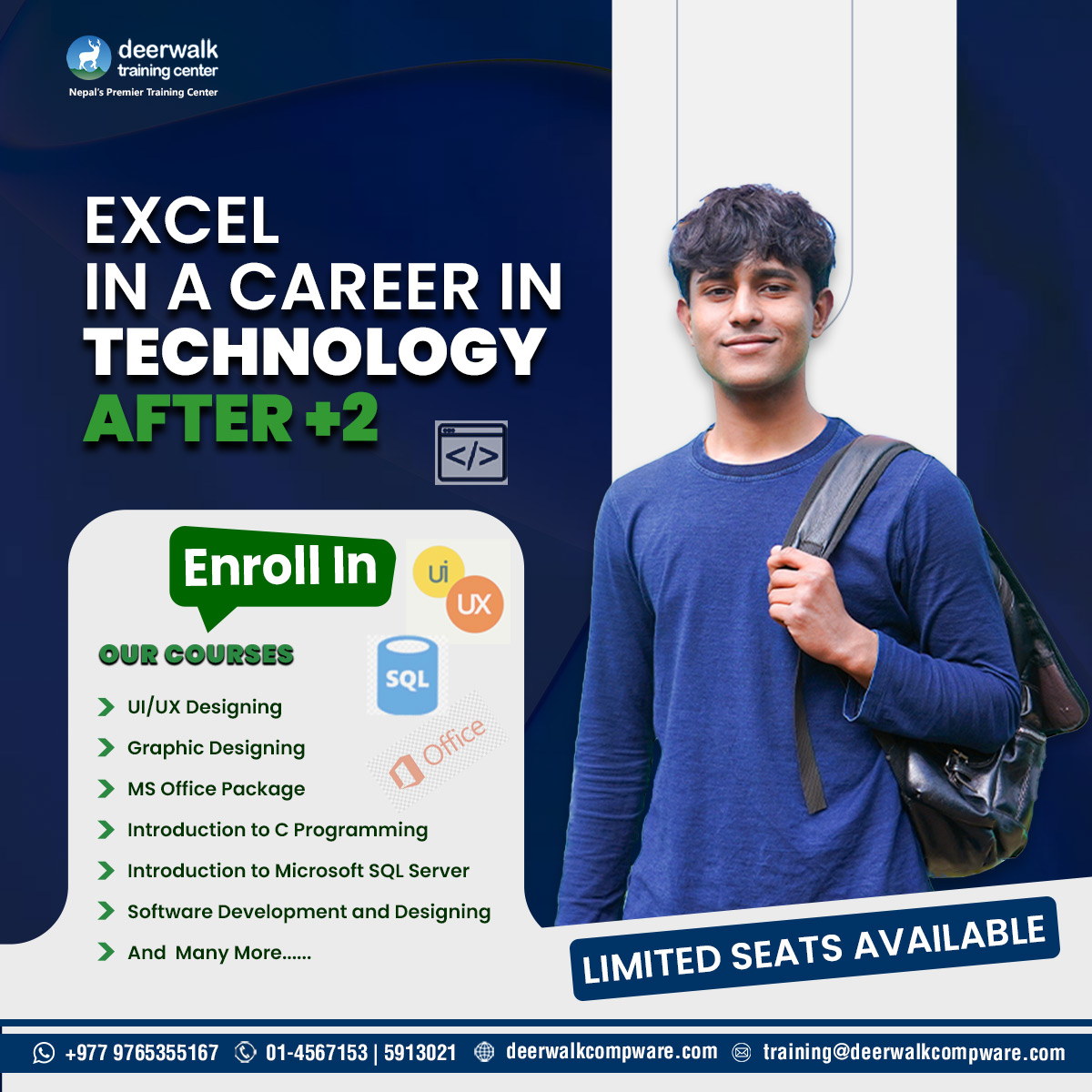 DeerwalkCenter's tweet photo. 𝗪𝗵𝗮𝘁 𝗔𝗳𝘁𝗲𝗿 +𝟮?

Deerwalk Training Center offers a range of short-term courses tailored to the needs and interests of +𝟮 students.

𝗙𝗶𝗹𝗹 𝗼𝘂𝘁 𝘁𝗵𝗲 𝗳𝗼𝗿𝗺: https://t.co/MWsfpCiyqy

#deerwalktrainingcenter #plus2 #programming #Bsccsit #BCA
#skilldevelopment https://t.co/F6xvtDMvEV