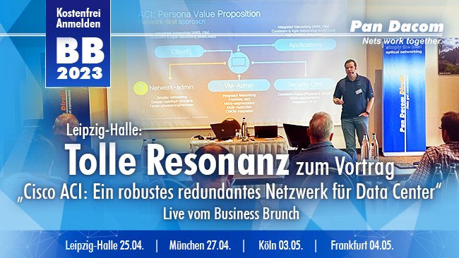 PanDacomAG's tweet photo. Live vom Business Brunch Leipzig-Halle!
Besonders auf positiven Anklang gestoßen ist der Vortrag von Stefan Grunske: ,,Cisco ACI".
Melden Sie sich noch heute für einen der kommenden Business Brunch Termine an!
https://t.co/dzqCpOZTTQ
#Cisco #ACI #automatisierung #live #datacenter https://t.co/iyeSIsNlyD