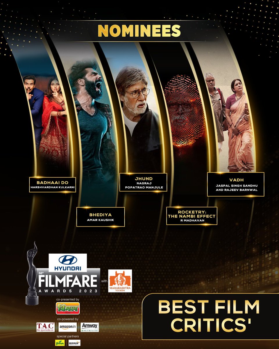 Here are the nominations for Best  Film Critics' for the 68th #HyundaiFilmfareAwards2023 with #MahahrashtraTourism.