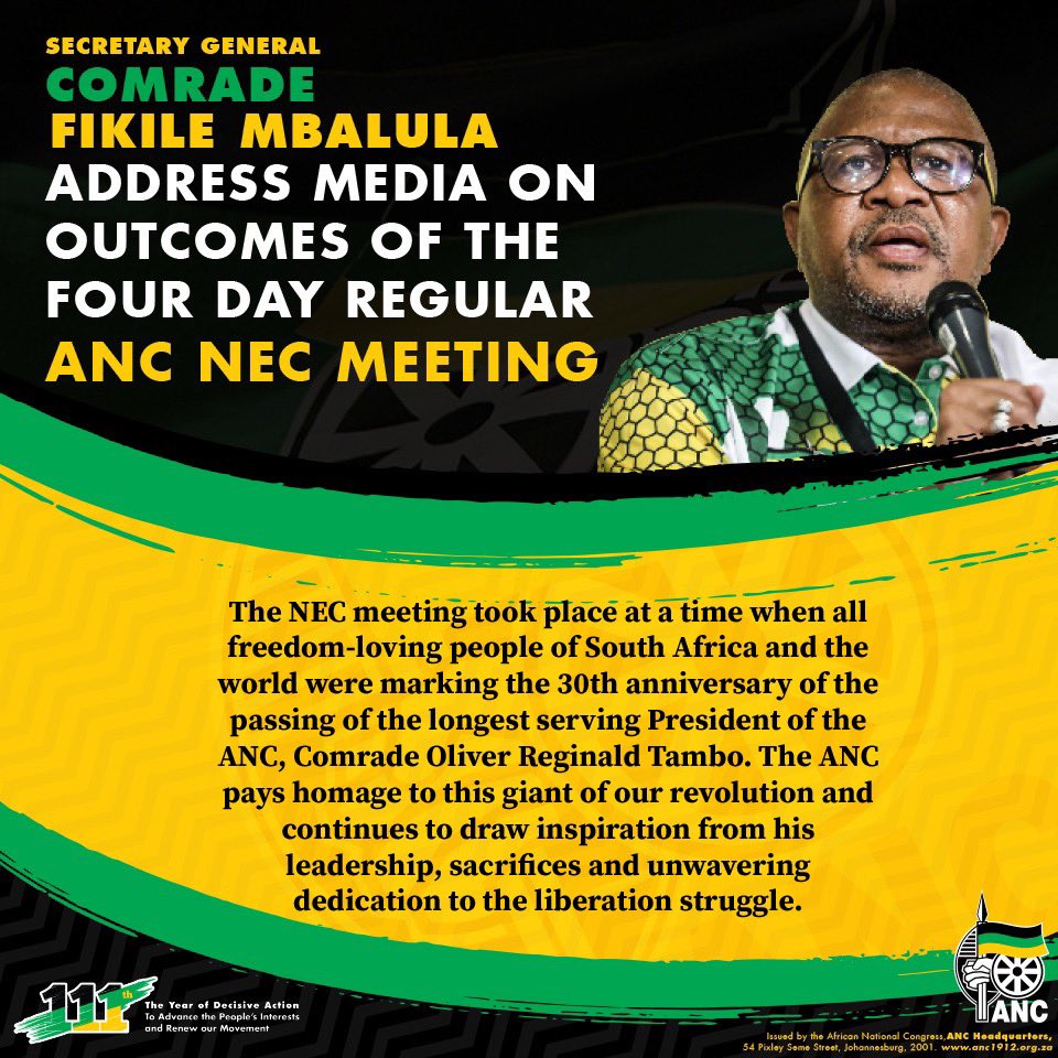 MbalulaFikile's tweet photo. The NEC meeting took place at a time when all freedom-loving people of South Africa and the world were marking the 30th anniversary of the passing of the longest serving President of the ANC, Comrade Oliver Reginald Tambo. The ANC pays homage to this giant of our revolution and continues to draw inspiration from his leadership, sacrifices and unwavering dedication to the liberation struggle.
#ANCNEC
