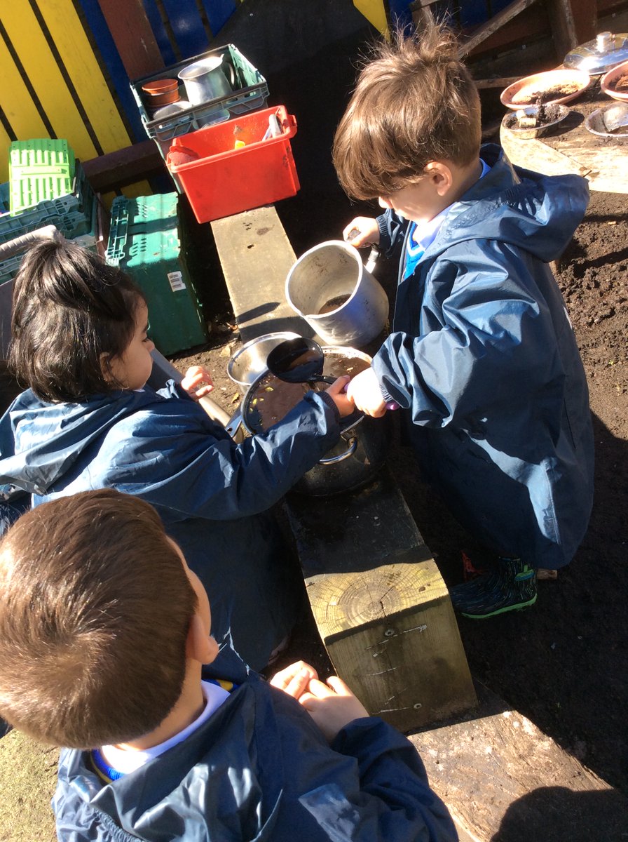 Mud glorious mud! 

The children in Nursery have been using lots of physical, imaginative and collaborative skills in the mud kitchen today. They have made mud cupcakes and explored the effects of adding water to make mud soup!