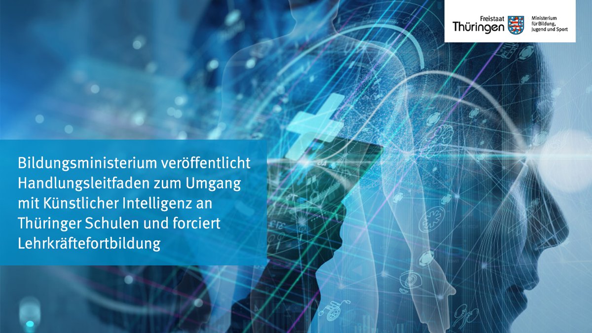 BildungTH's tweet photo. Das Bildungsministerium hat einen Handlungsleitfaden für Thüringer #Schulen zum Umgang mit Künstlicher Intelligenz veröffentlicht und forciert die #Lehrkräftefortbildung. Zum Download 👉 https://t.co/yIMMe7lLEB #GuteBildungTH #KI #ChatGPT #twlz @Th_Schulportal @HelmutHolter https://t.co/tMhS0My1bn
