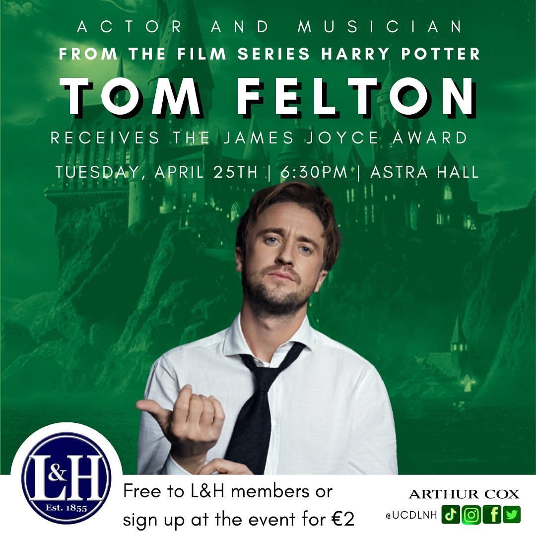 Today!! 

Tom Felton received the James Joyce Award from the @UCDLnH - 18:30 @ The Astra Hall, UCD Student Centre 🏆🥰 

#ucdsocieties #ucd #myucd #helloucd #ucdlnh
