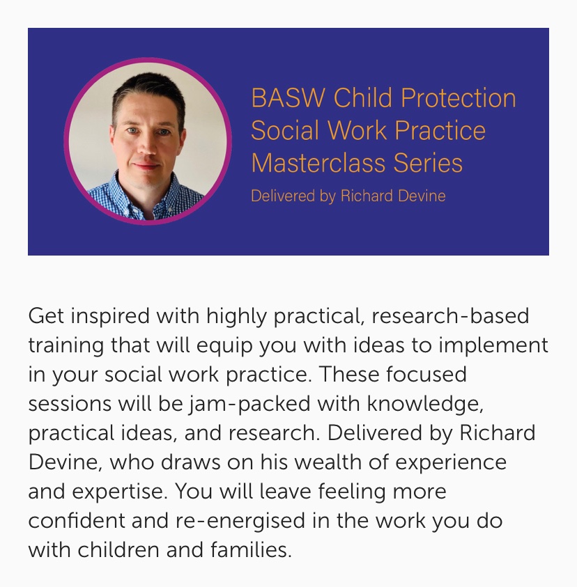 Tomorrow, I kick off with the first in a series of masterclasses in Child Protection…both thrilled 😁 and v.anxious😬 that the first one has sold out!! 

Further sessions found here if you happen to be interested; 
basw.co.uk/basw-child-pro…